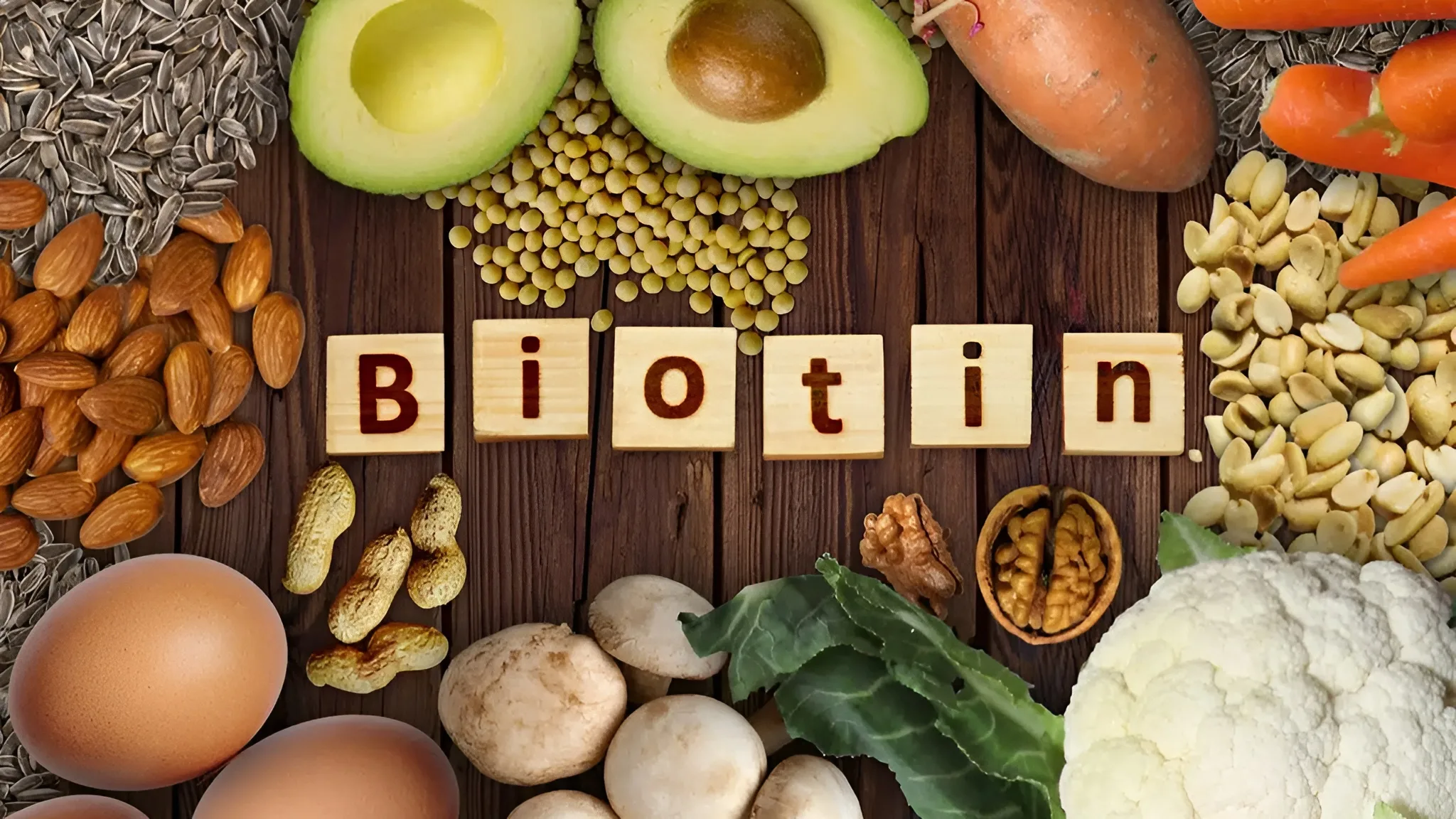 An image laden with fruits and vegetables representing biotin for energy.