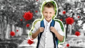 A child walking to school in the morning, with images of antigens around them. Signifies the boost to the child's immune system.