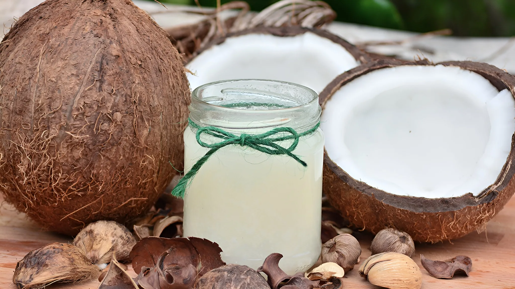 An image of coconuts and coconut oil, made for many uses.