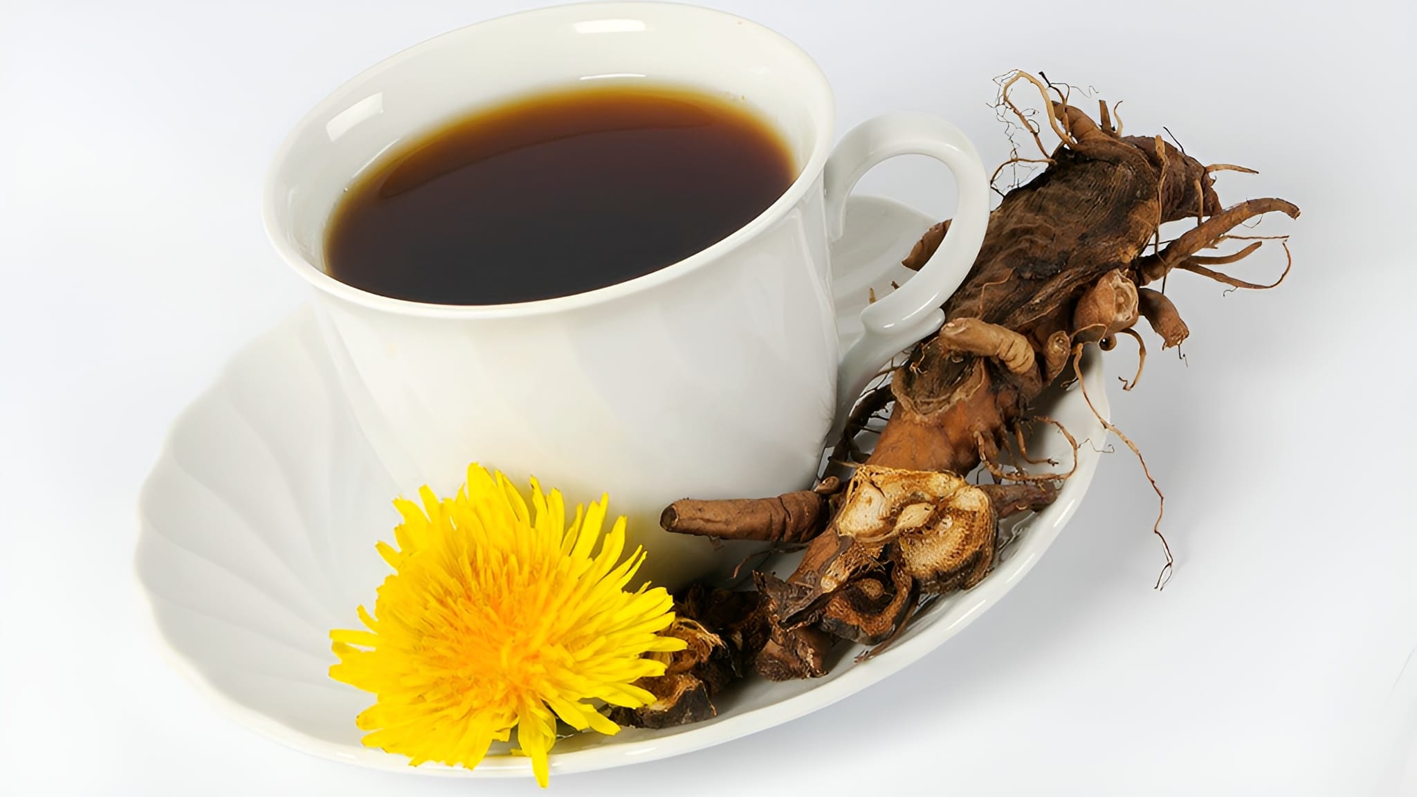 A warm cup of fresh Roasted Dandelion Root tea for its benefits, with dandelion flower and root beside it.