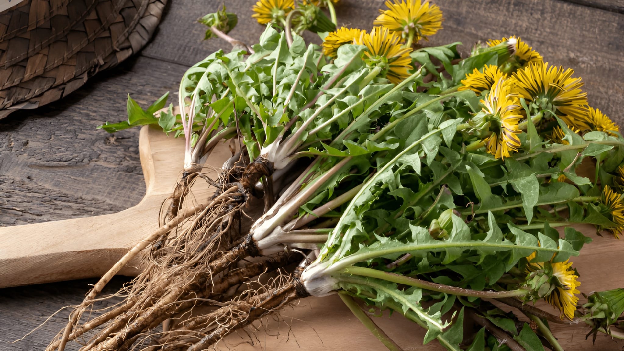 A chopping board filled with dandelion root, to be taken for their benefits.