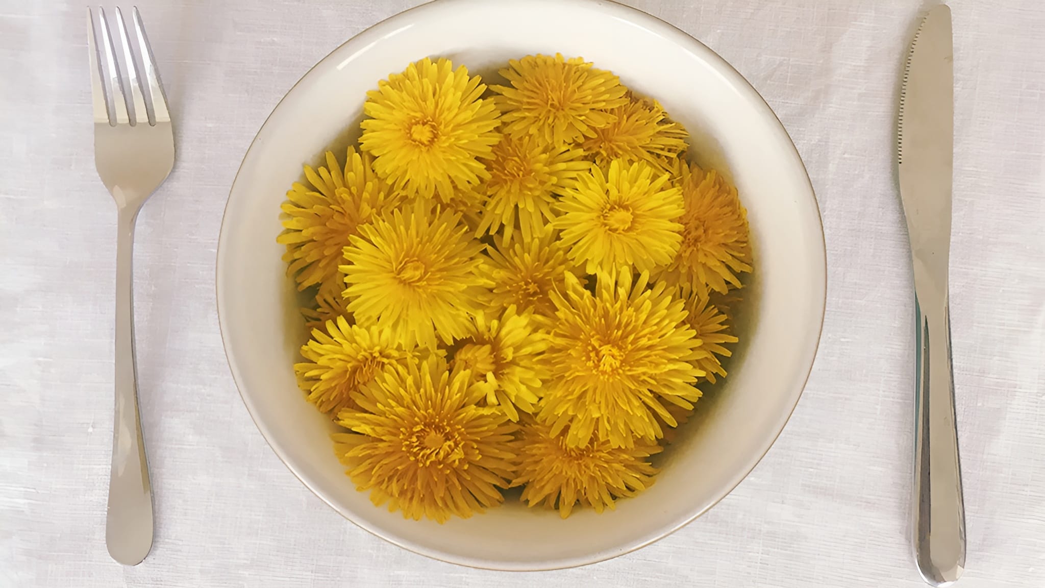 A plate full of dandelion flowers, representing a dandelion diet for weight loss.