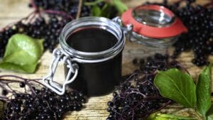Elderberries on display with some nice elderberry jam in the middle. Perfect for a weight loss regime.
