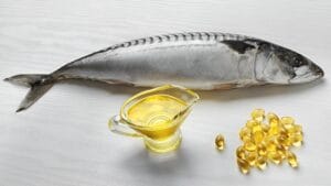 A display of fish, with some fine fish oil for the immune system next to it.