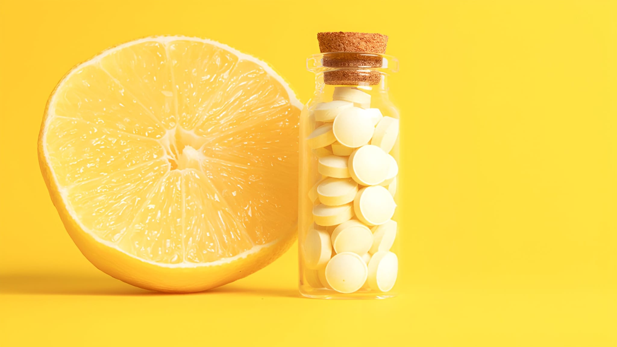 A freshly cut lemon with some vitamin C tablets in the foreground. Vibrant yellow to showcase the link between vitamin C and immune function.